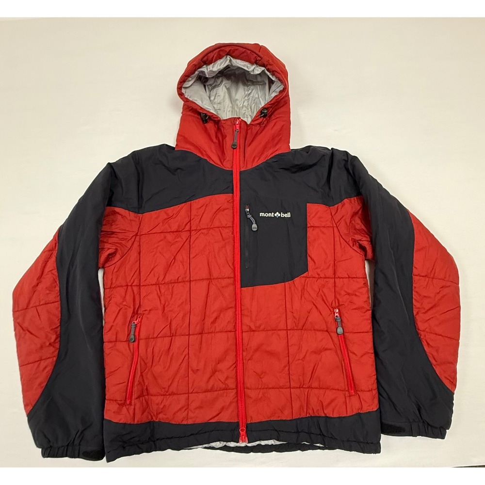 Mont-Bell Flat Iron Puffer Hooded Jacket‎ Red Quilted Insulated Full Zip Mens L